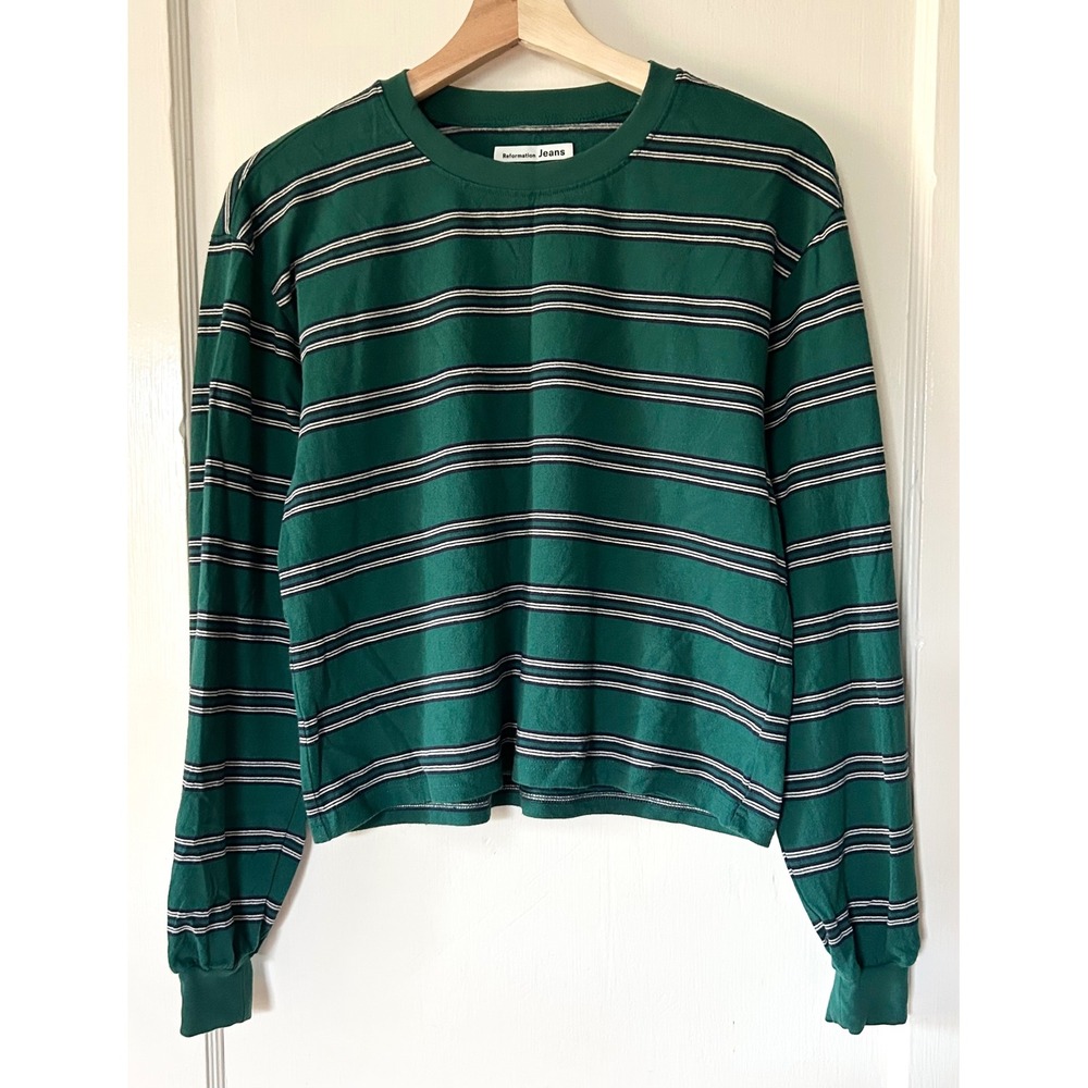 Reformation Lou 100% Cotton Striped Relaxed Tee Forest Green XS Fall Casual